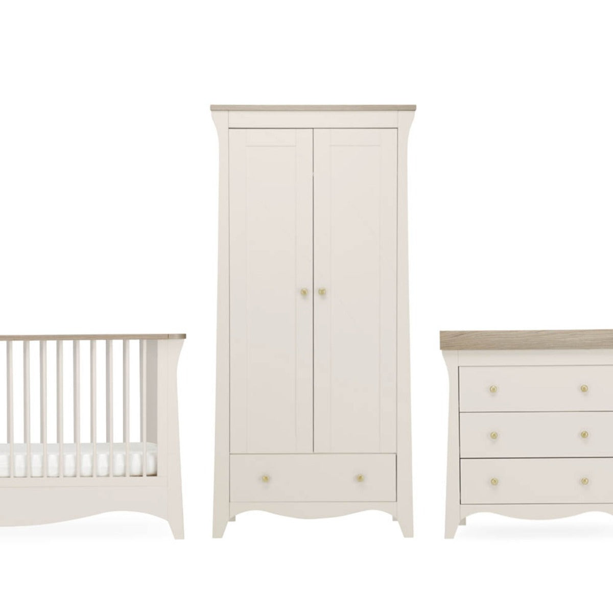 CuddleCo Clara 3 Piece Nursery Furniture Set (Cot Bed, Dresser & Wardrobe) - Cashmere and Ash