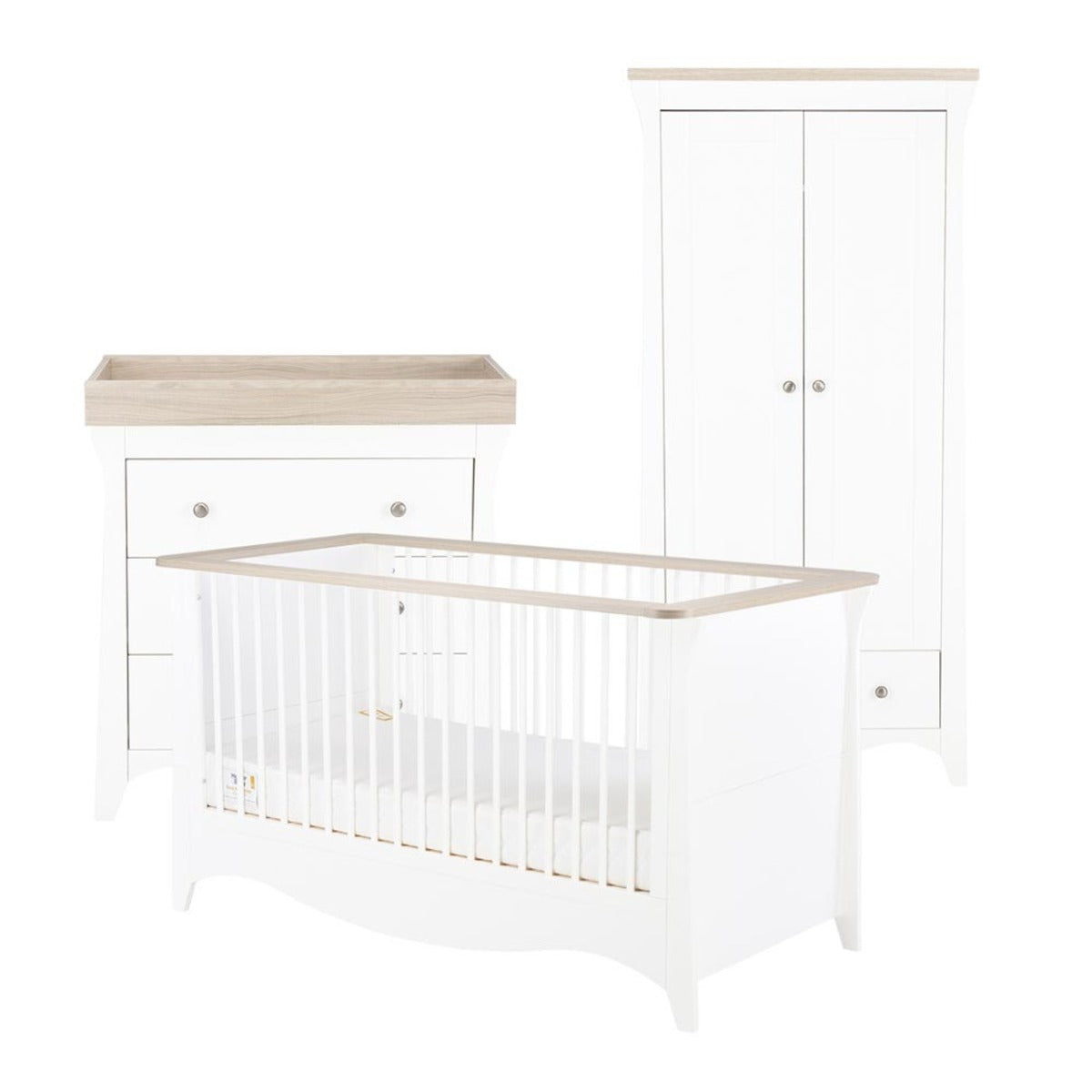 CuddleCo Clara 3 Piece Nursery Furniture Set (Cot Bed, Dresser & Wardrobe) - White and Ash