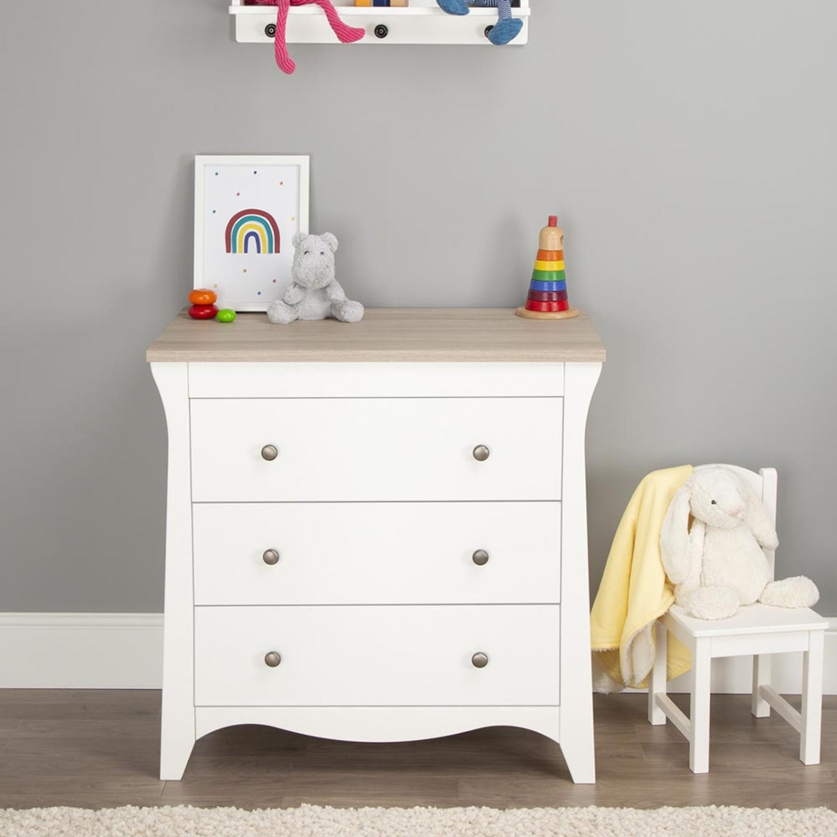 CuddleCo Clara 3 Piece Nursery Furniture Set (Cot Bed, Dresser & Wardrobe) - White and Ash