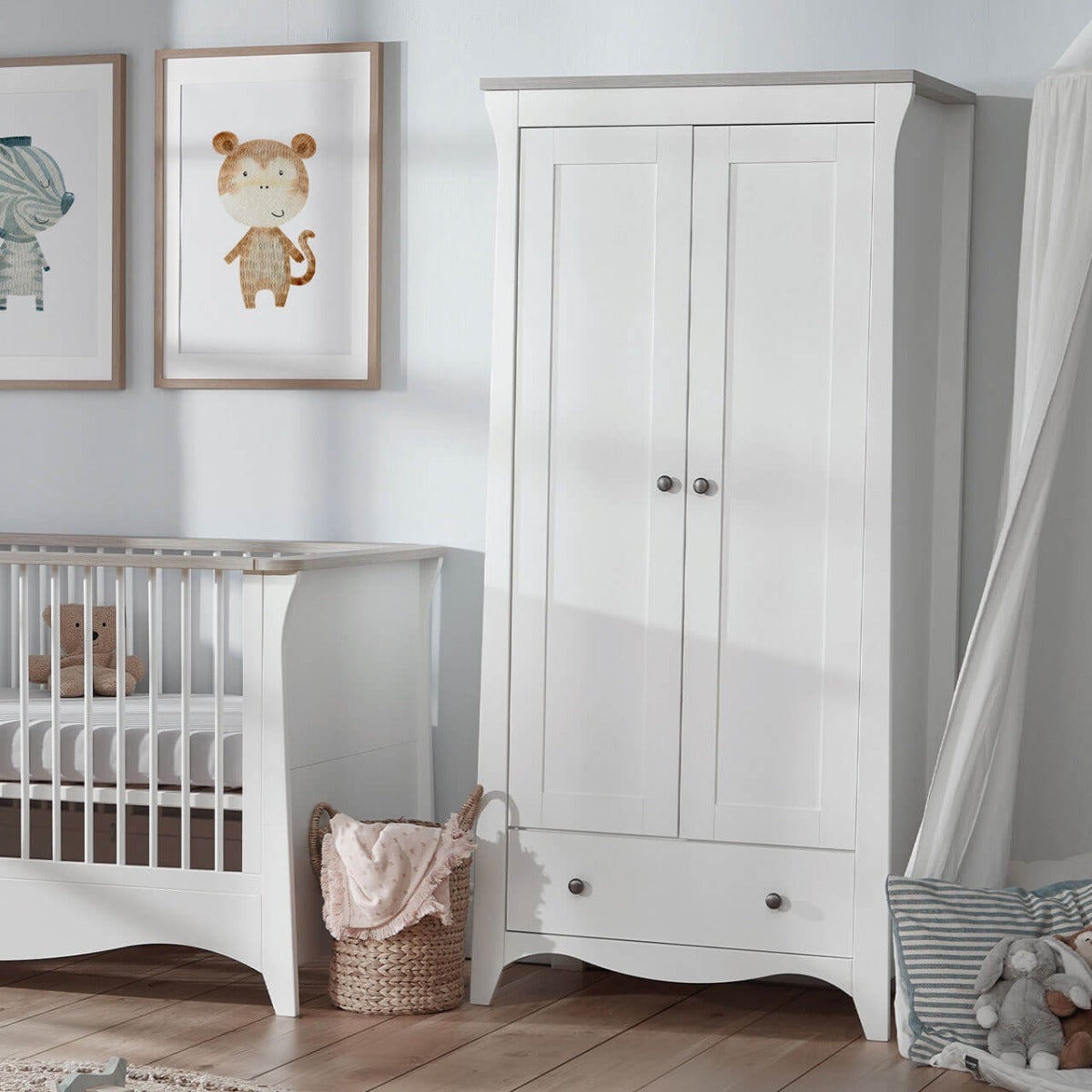 CuddleCo Clara 3 Piece Nursery Furniture Set (Cot Bed, Dresser & Wardrobe) - White and Ash