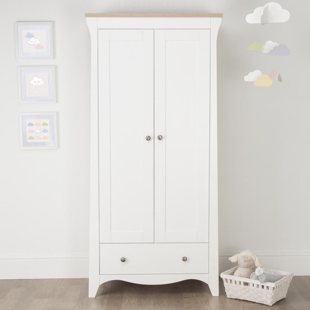 CuddleCo Clara 3 Piece Nursery Furniture Set (Cot Bed, Dresser & Wardrobe) - White and Ash