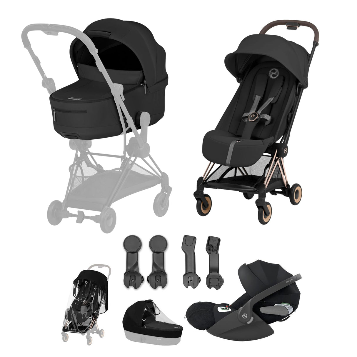 Cybex COYA Fold Cot Ultimate Travel System Bundle - Comfort Sepia Black & Rose Gold Frame