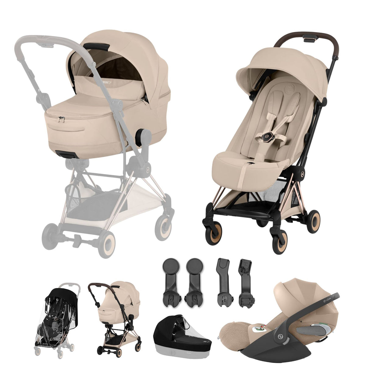 Cybex COYA Fold Cot Travel System Bundle - Style Cozy Beige & Rose Gold Frame