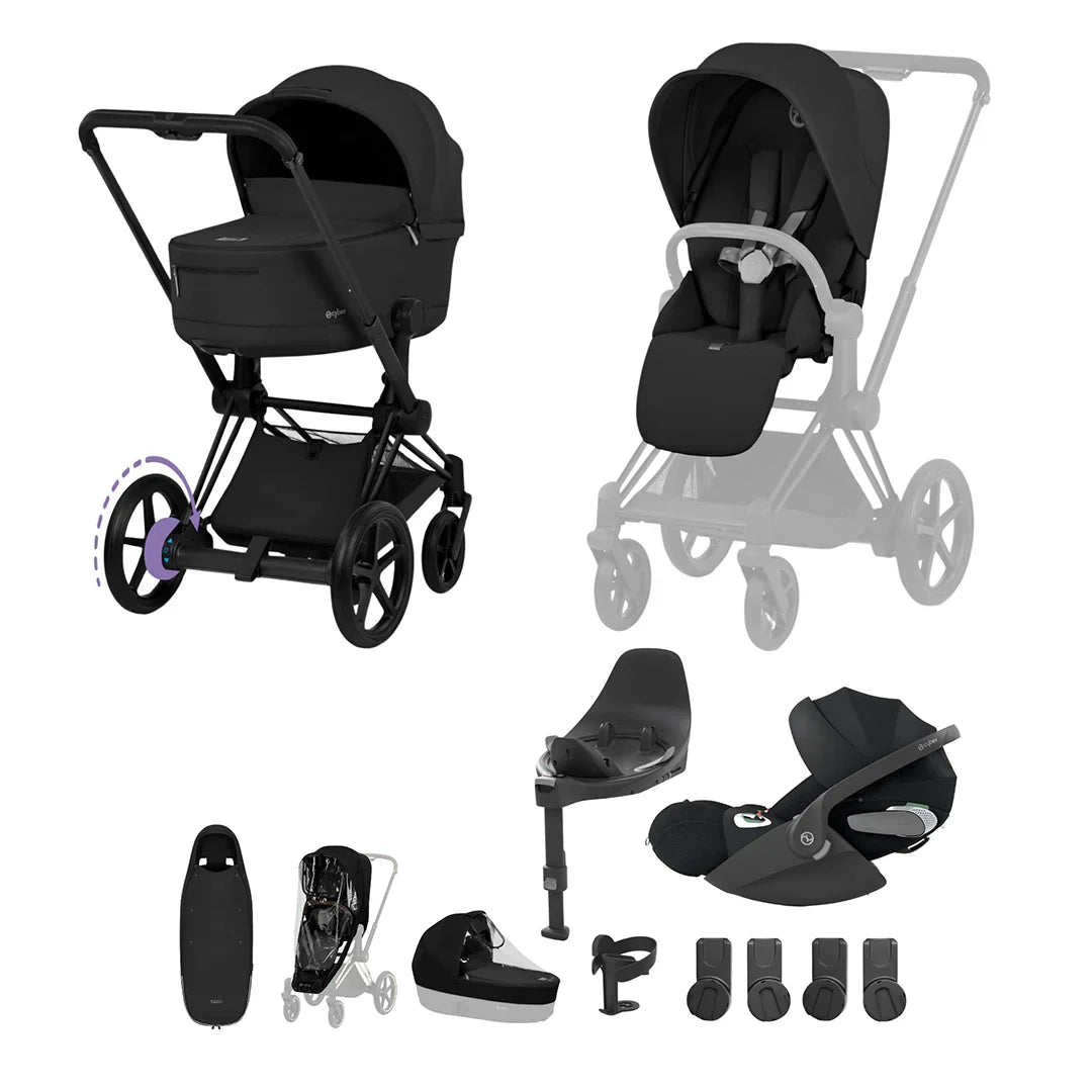 Cybex e-PRIAM Fold Cot Ultimate Travel System Bundle - Comfort Sepia Black & Matt Black Frame