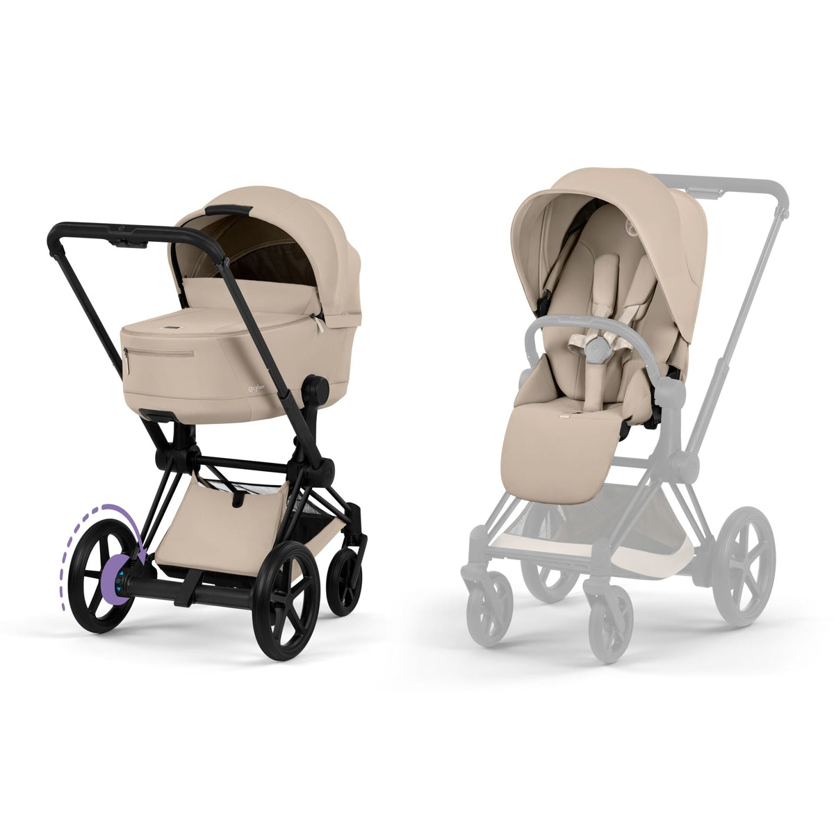 Cybex e-Priam Comfort Set (Pushchair & Carrycot) - Cozy Beige with Matt Black Frame