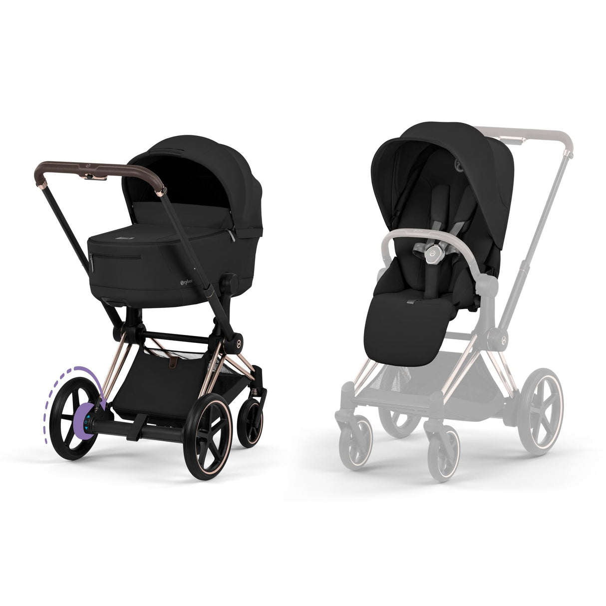 Cybex e-Priam Comfort Set (Pushchair & Carrycot) - Sepia Black with Rose Gold Frame