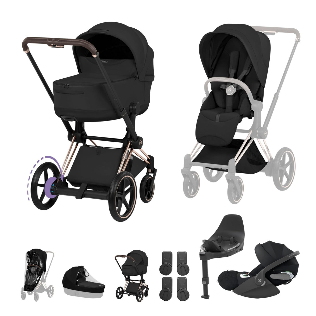 Cybex e-PRIAM Fold Cot Travel System Bundle - Style Sepia Black & Rose Gold Frame