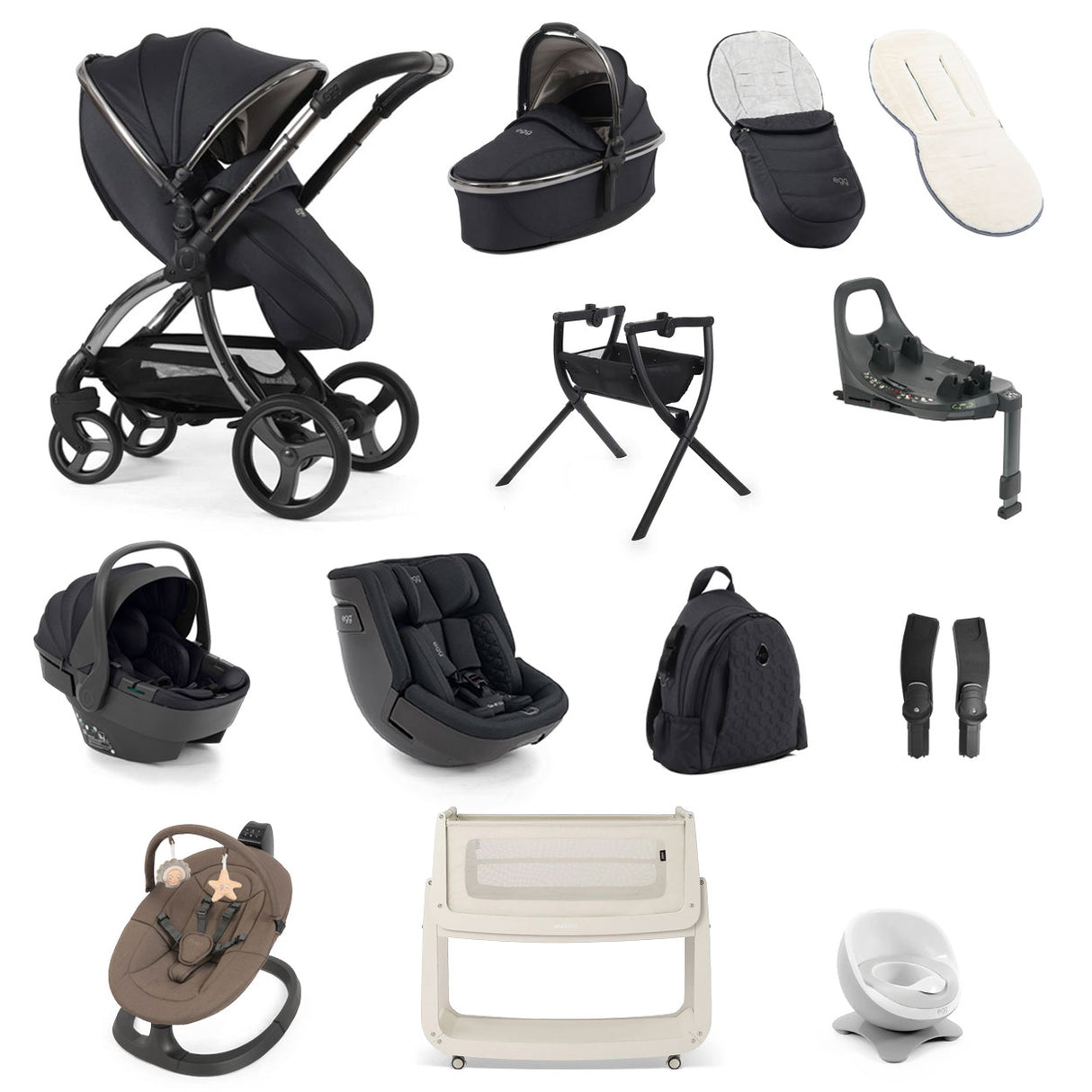 Egg 3 Ultimate Shell 360 Car Seat & Nursery Essentials Bundle - Carbonite