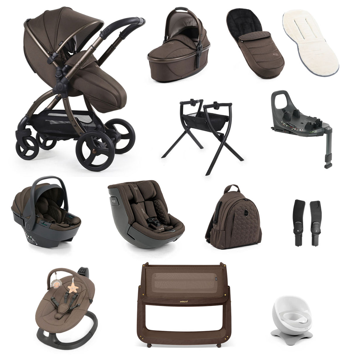 Egg 3 Ultimate Shell 360 Car Seat & Nursery Essentials Bundle - Chocolate Velvet