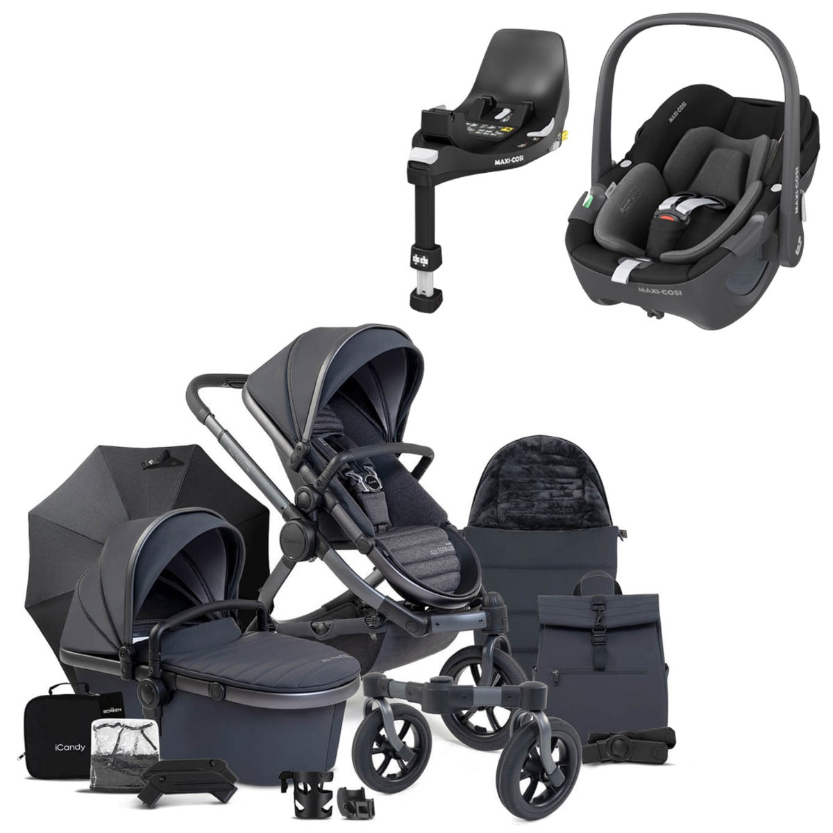 iCandy Peach 7 All-Terrain Complete Travel System with Maxi-Cosi Pebble 360 & Base - Nimbus/Storm