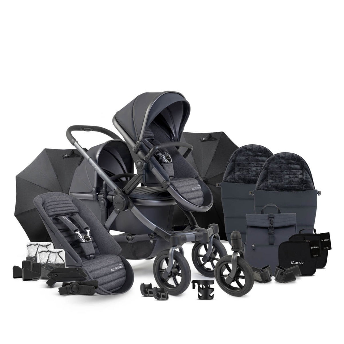 iCandy Peach 7 All-Terrain Double Complete Pushchair & Accessories Bundle - Nimbus/Storm