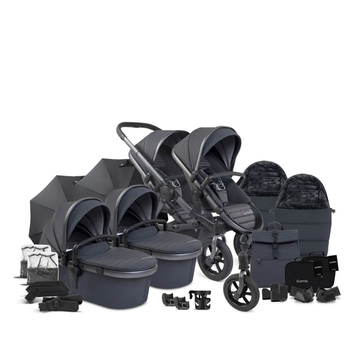 iCandy Peach 7 All-Terrain Twin Complete Pushchair & Accessories Bundle - Nimbus/Storm