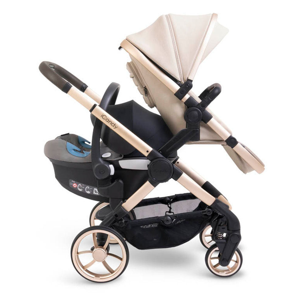 iCandy Peach 7 Double Pushchair Travel System Bundle with Maxi-Cosi Pebble 360 iSize Car Seat & Base - Biscotti