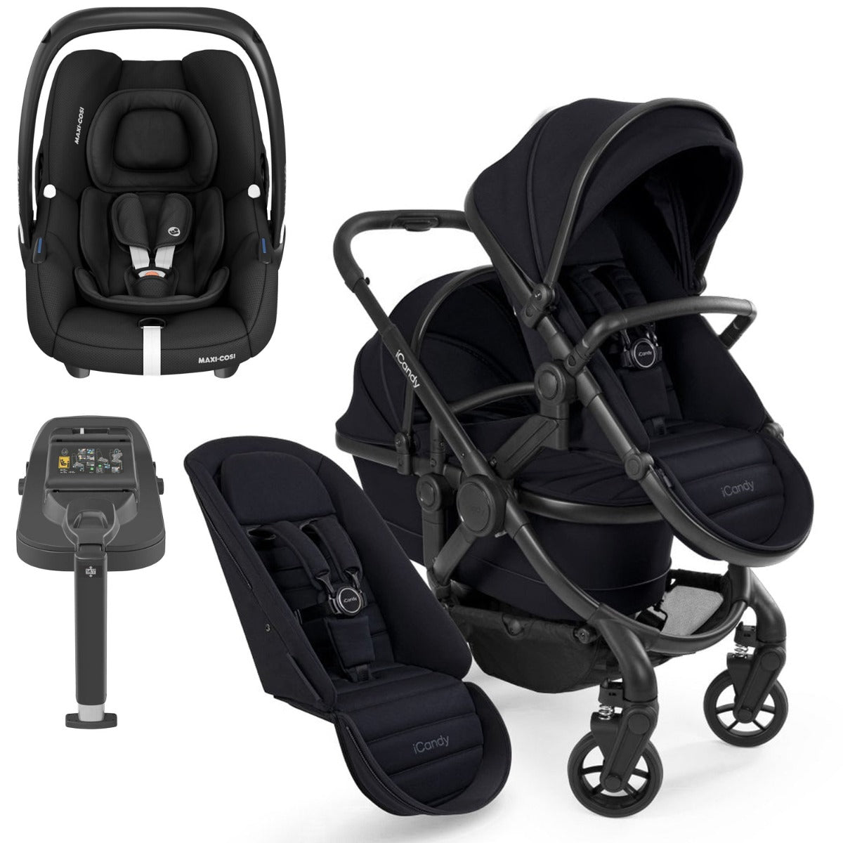 iCandy Peach 7 Double Travel System Bundle with Maxi-Cosi Cabriofix i-Size Car Seat & Base - Black Edition