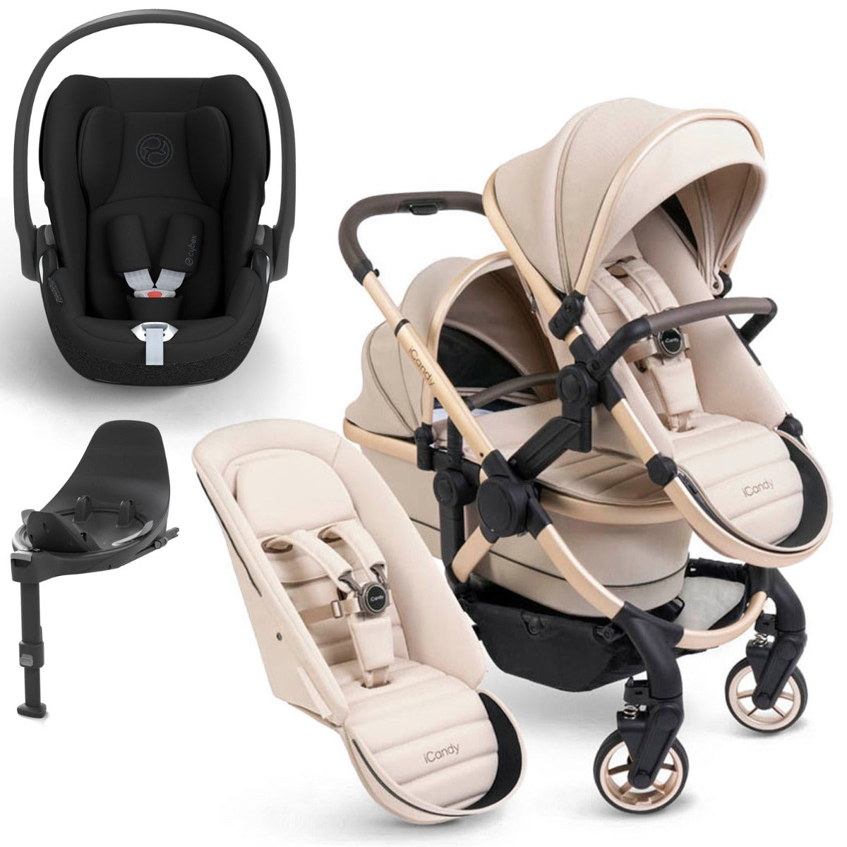 iCandy Peach 7 Double Travel System Bundle with Cybex Cloud T iSize Car Seat & Base - Biscotti