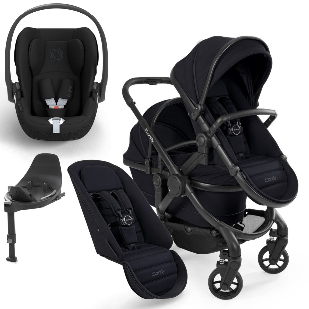 iCandy Peach 7 Double Travel System Bundle with Cybex Cloud T iSize Car Seat & Base - Black Edition