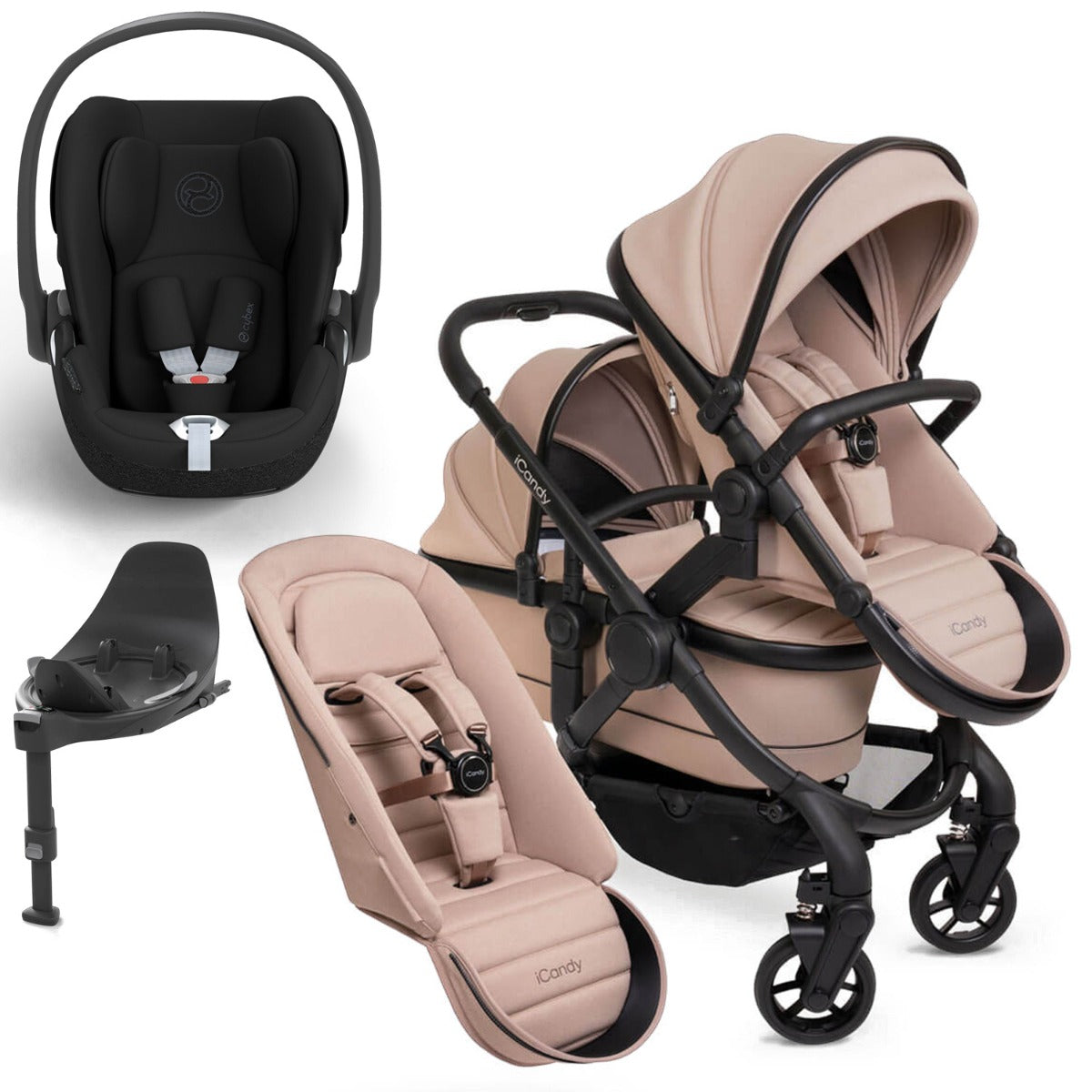 iCandy Peach 7 Double Travel System Bundle with Cybex Cloud T iSize Car Seat & Base - Cookie