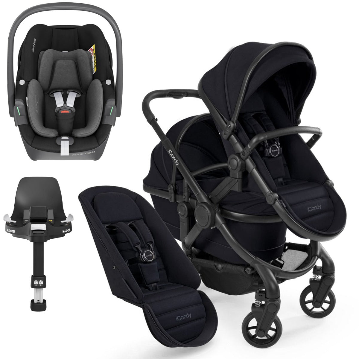 iCandy Peach 7 Double Travel System Bundle with Maxi-Cosi Pebble 360 iSize Car Seat & Base - Black Edition