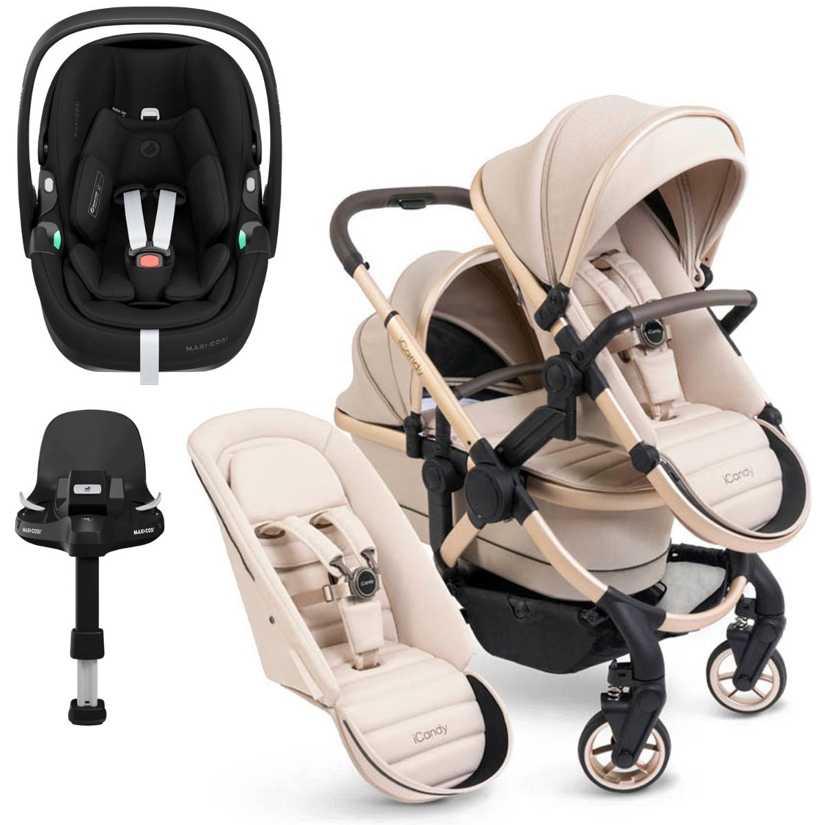 iCandy Peach 7 Double Travel System Bundle with Maxi-Cosi Pebble 360 Pro2 iSize Car Seat & Base - Biscotti