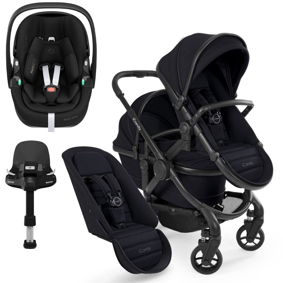 iCandy Peach 7 Double Travel System Bundle with Maxi-Cosi Pebble 360 Pro2 iSize Car Seat & Base - Black Edition