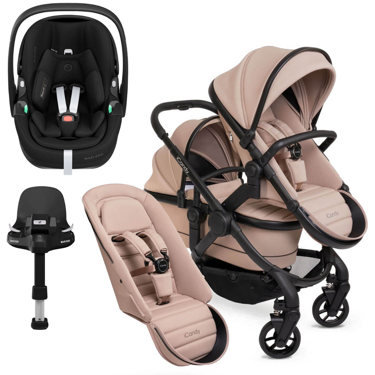 iCandy Peach 7 Double Travel System Bundle with Maxi-Cosi Pebble 360 Pro2 iSize Car Seat & Base - Cookie