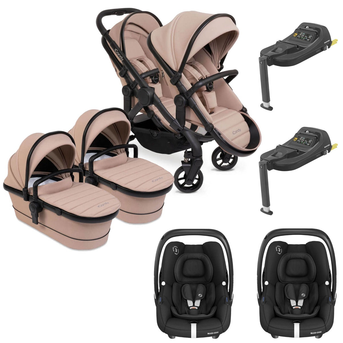 iCandy Peach 7 Twin Pushchair Travel System Bundle with Maxi-Cosi Cabriofix iSize Car Seat & Base - Cookie
