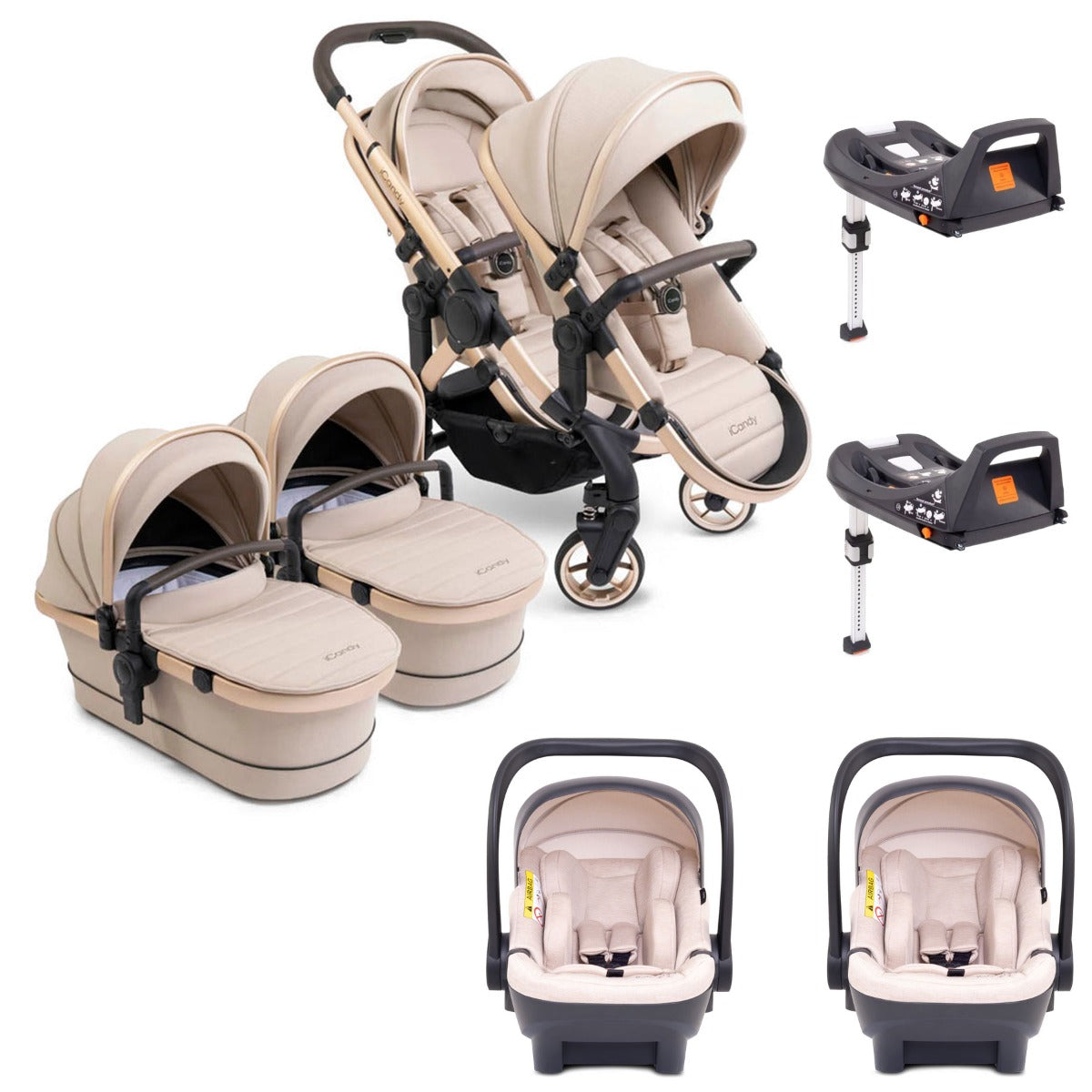 iCandy Peach 7 Twin Pushchair Travel System Bundle with Cocoon iSize Car Seat & Base - Biscotti