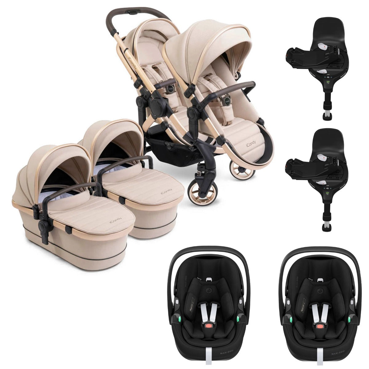 iCandy Peach 7 Twin Pushchair Travel System Bundle with Maxi-Cosi Pebble 360 Pro2 iSize Car Seat & Base - Biscotti