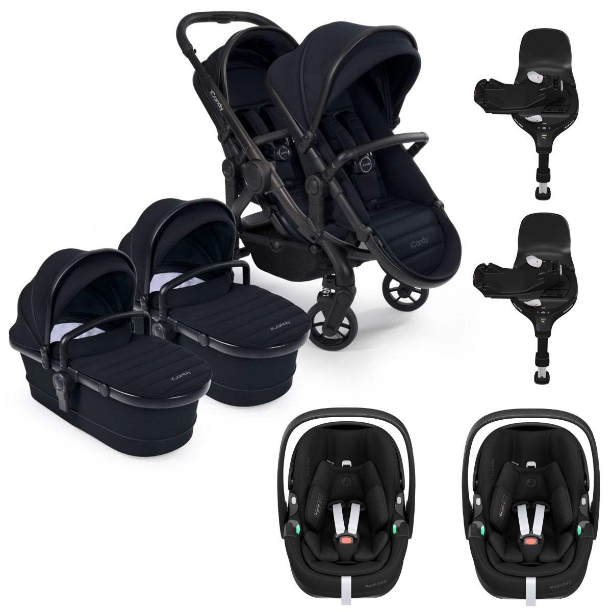 iCandy Peach 7 Twin Pushchair Travel System Bundle with Maxi-Cosi Pebble 360 Pro2 iSize Car Seat & Base - Black Edition