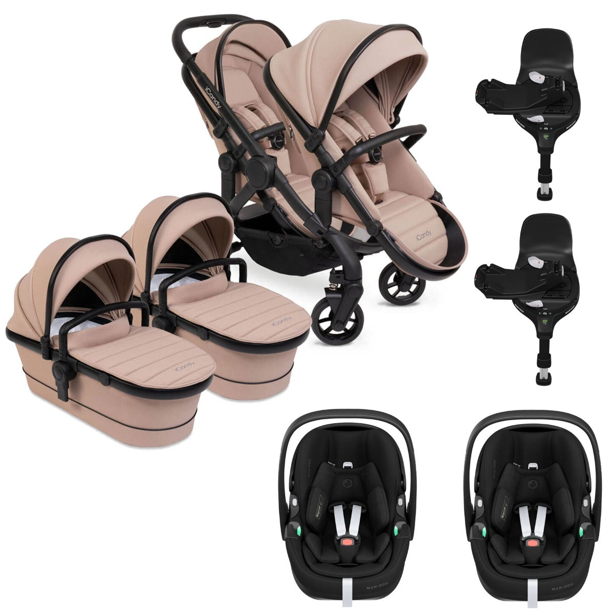 iCandy Peach 7 Twin Pushchair Travel System Bundle with Maxi-Cosi Pebble 360 Pro2 iSize Car Seat & Base - Cookie