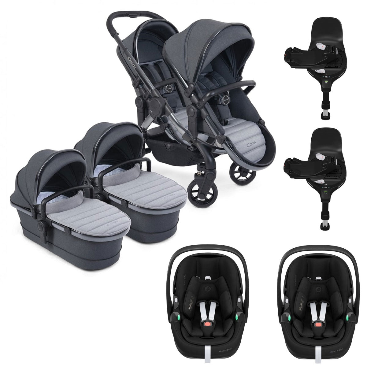 iCandy Peach 7 Twin Pushchair Travel System Bundle with Maxi-Cosi Pebble 360 Pro2 iSize Car Seat & Base - Truffle