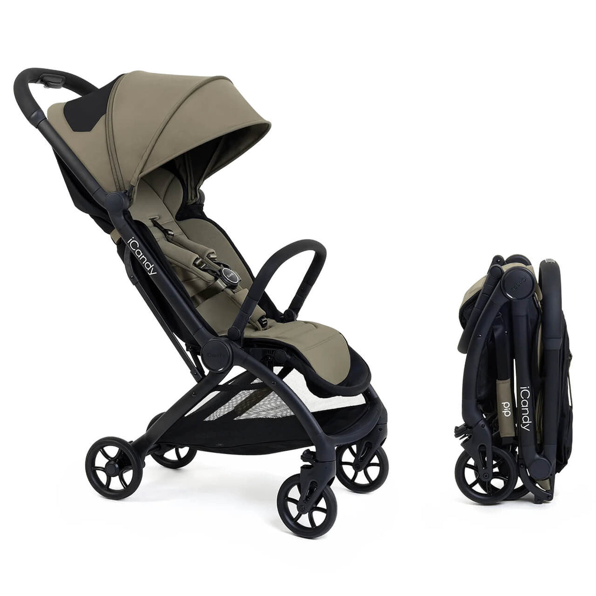 Foldable baby stroller with beige seat and black frame on a white background