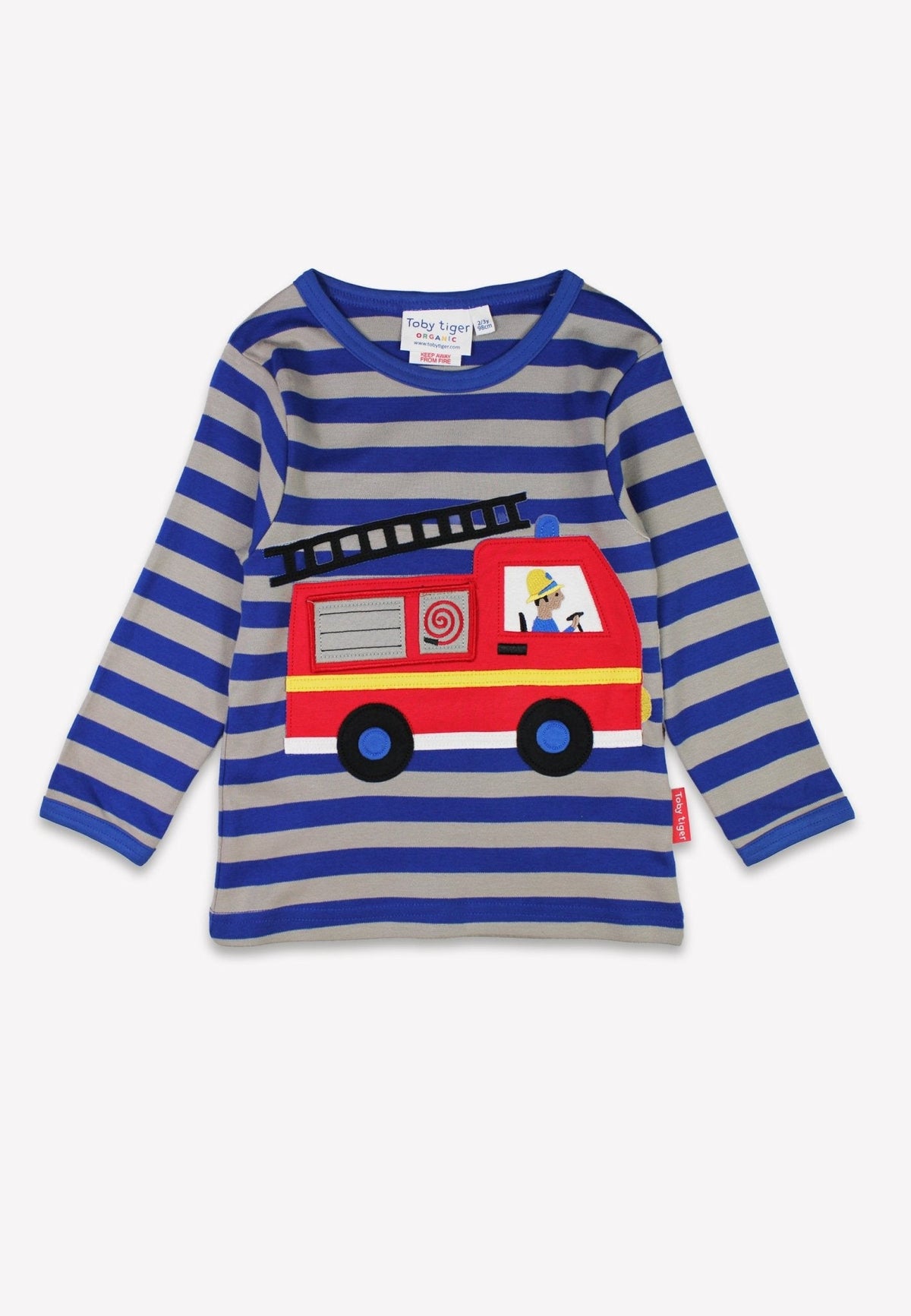 Toby Tiger Organic Blue Fire Engine Applique Long-Sleeved T-Shirt
