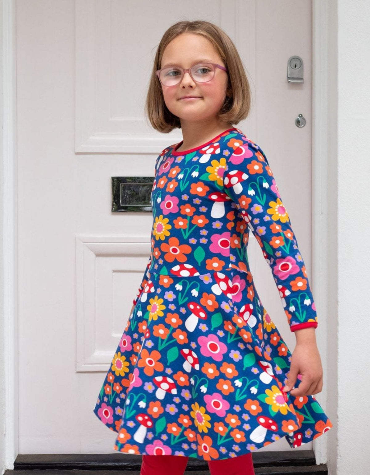 Toby Tiger Organic Floral Mushroom Print Long-Sleeved Skater Dress
