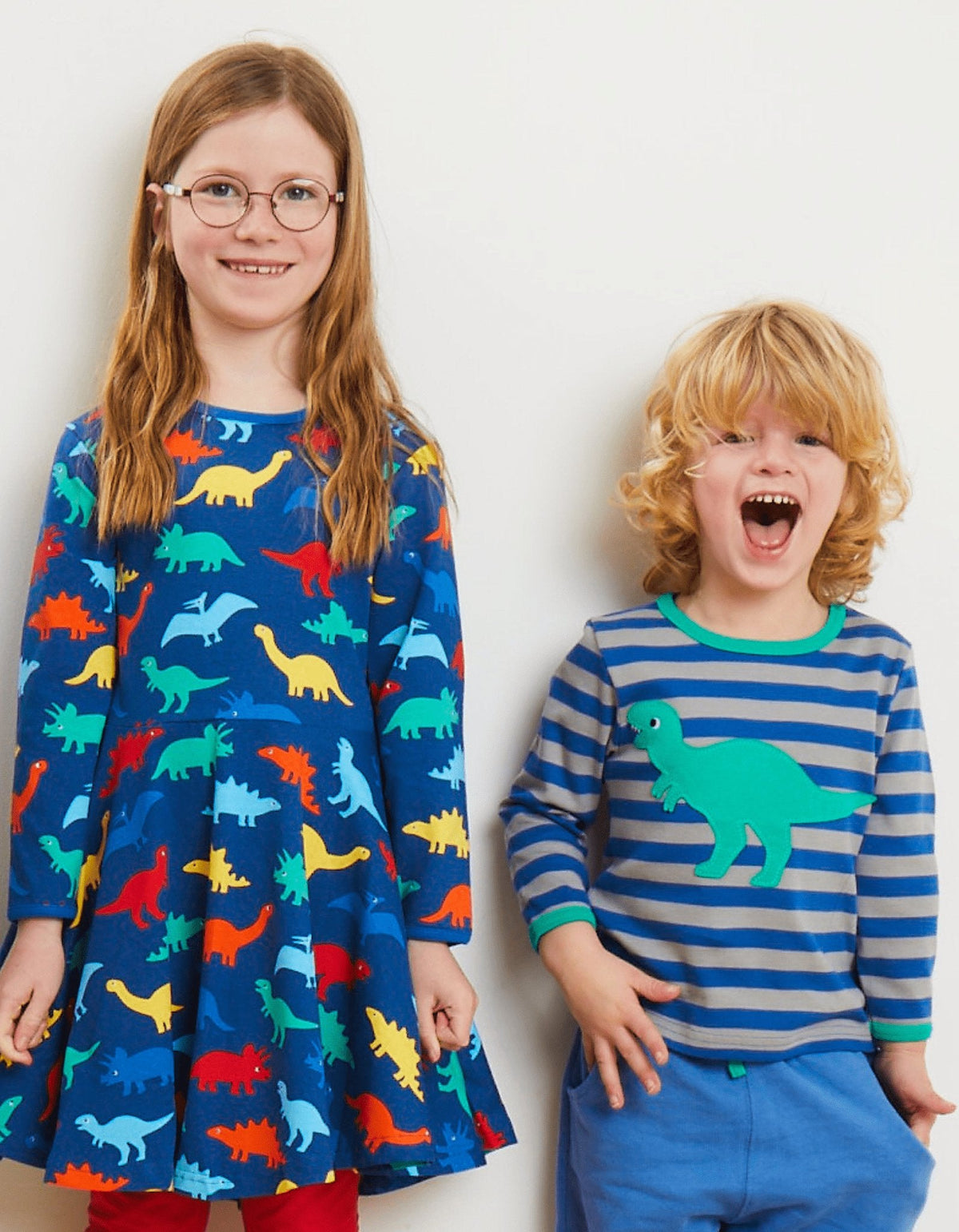 Toby Tiger Organic Rainbow Dinosaur Print Skater Dress