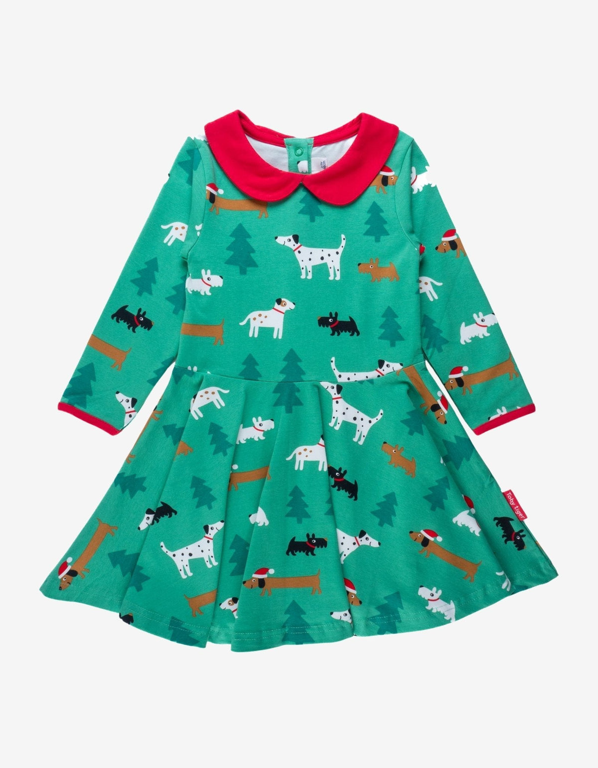 Toby Tiger Organic Christmas Dog Print Long-Sleeved Skater Dress