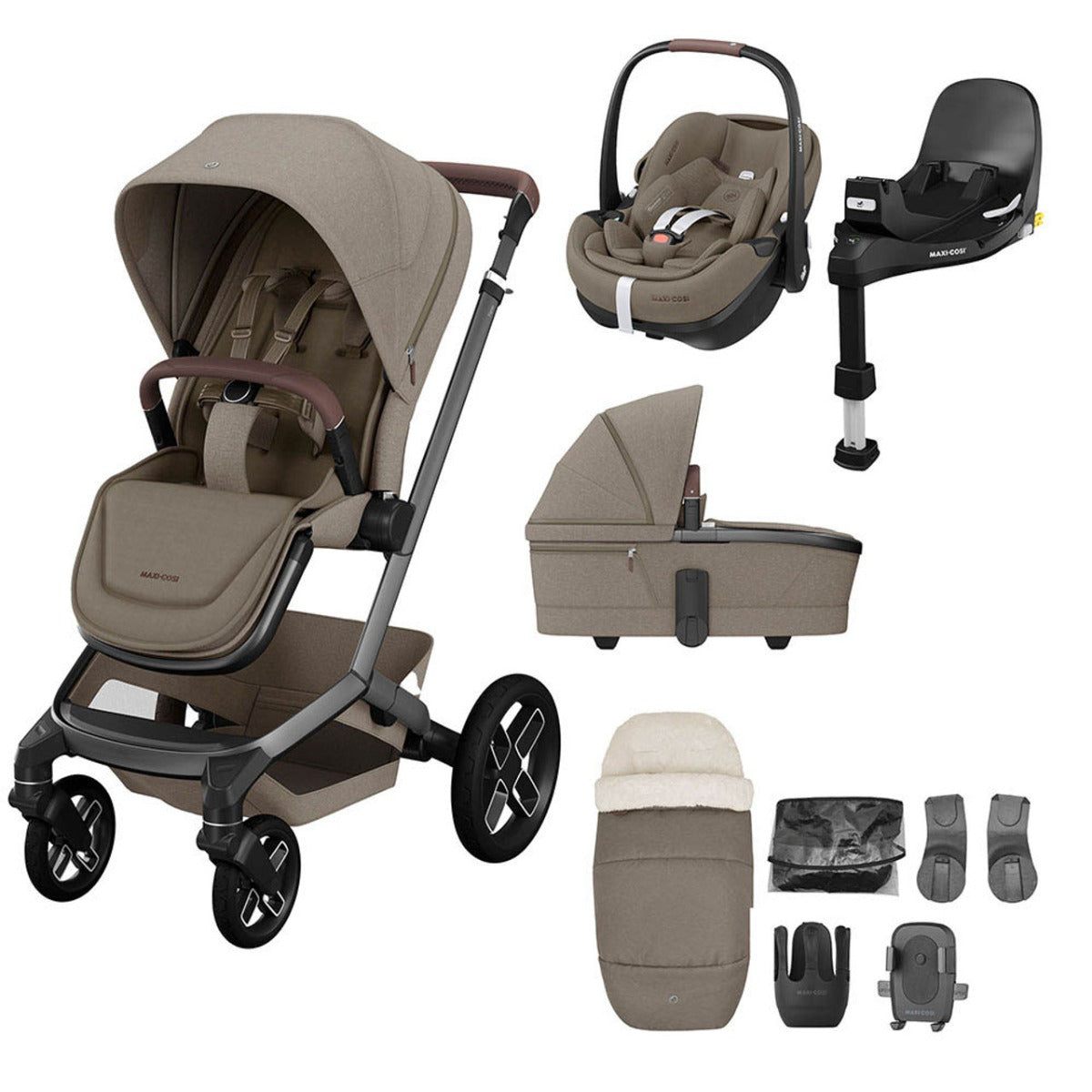 Maxi-Cosi Fame Pebble 360 Pro 2 Premium 9 Piece Travel System Bundle - Twillic Truffle with Black Wheels