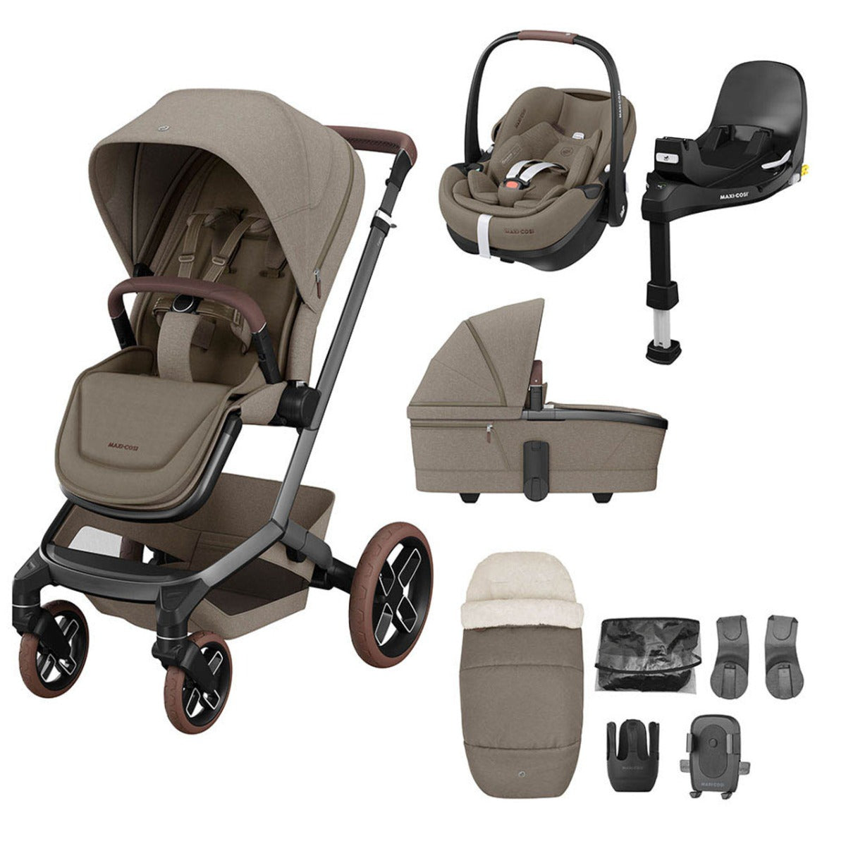 Maxi-Cosi Fame Pebble 360 Pro 2 Premium 9 Piece Travel System Bundle - Twillic Truffle with Brown Wheels