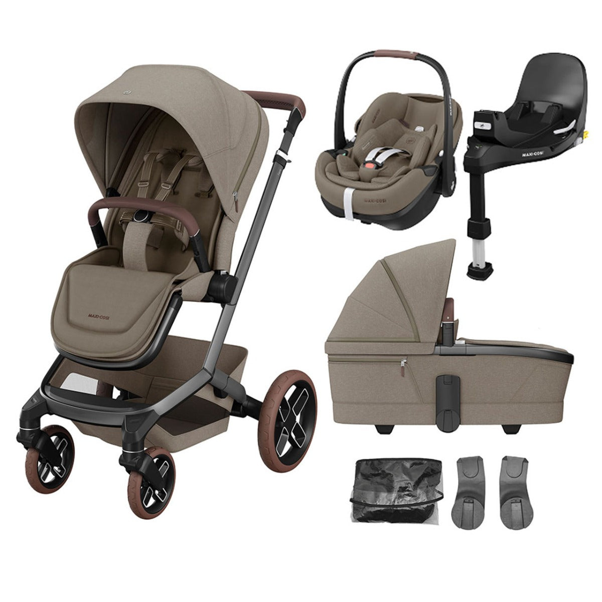 Maxi-Cosi Fame Pebble 360 Pro 2 Travel System Bundle - Twillic Truffle with Brown Wheels