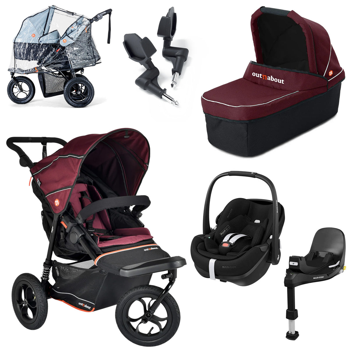 Out n About Nipper V6 Single Maxi-Cosi Pebble 360 Pro2 Newborn Bundle - Brambleberry Red