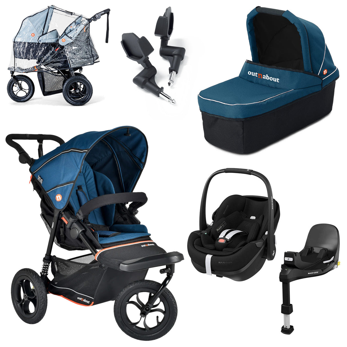 Out n About Nipper V6 Single Maxi-Cosi Pebble 360 Pro2 Newborn Bundle - Highland Blue