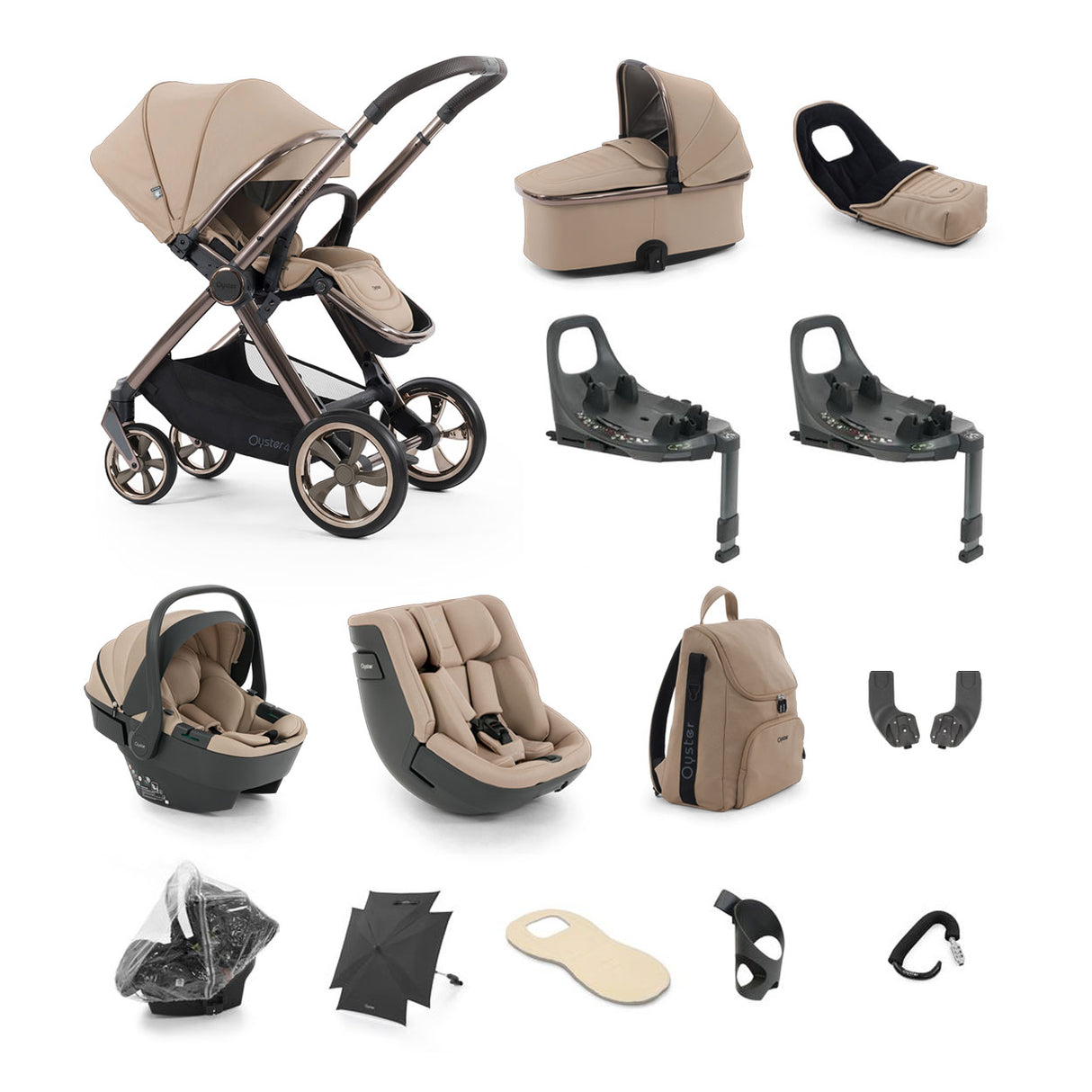 BabyStyle Oyster 4 Essential Baby & Toddler 360 Car Seat Bundle - Fawn