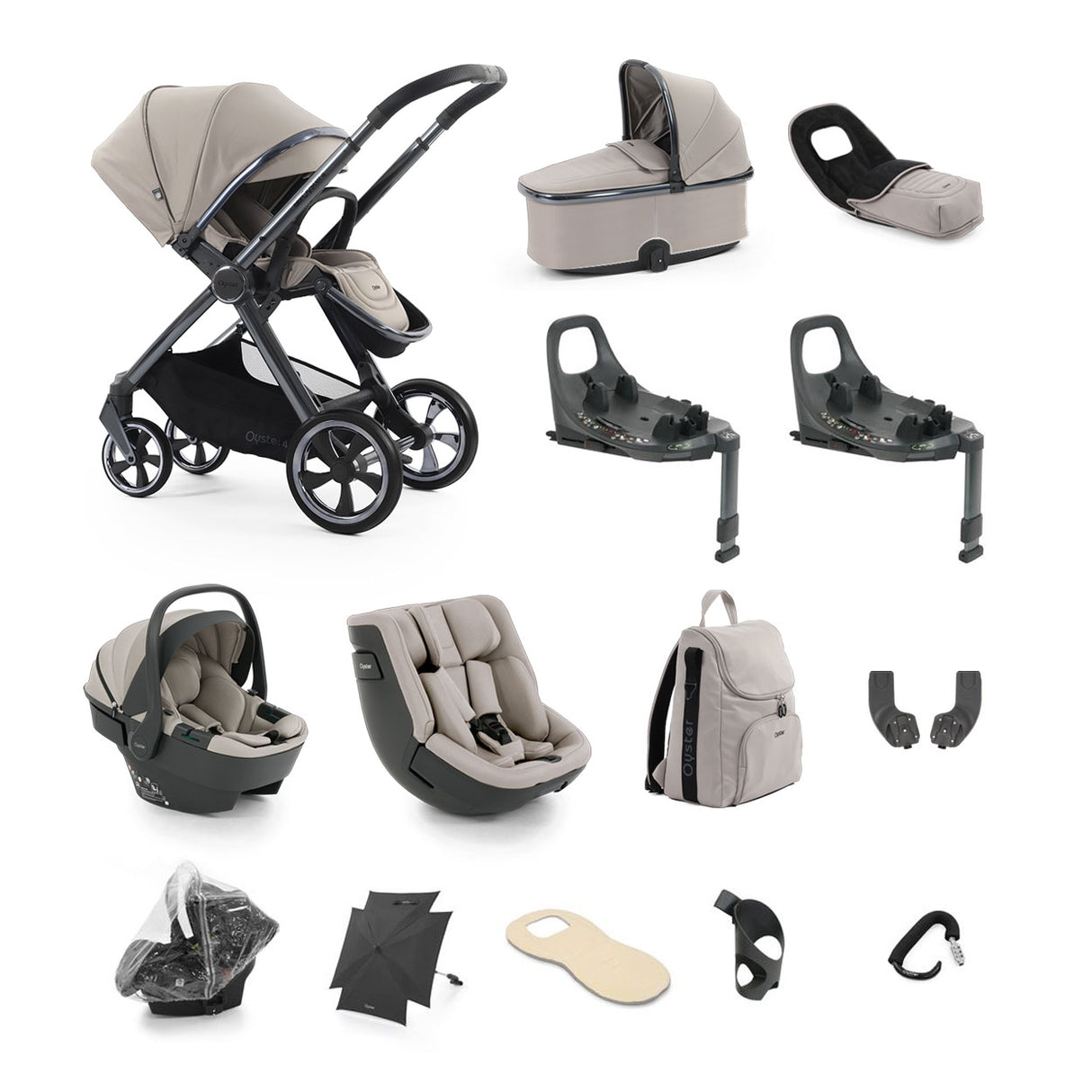 BabyStyle Oyster 4 Ultimate Baby & Toddler 360 Car Seat Bundle - Stone