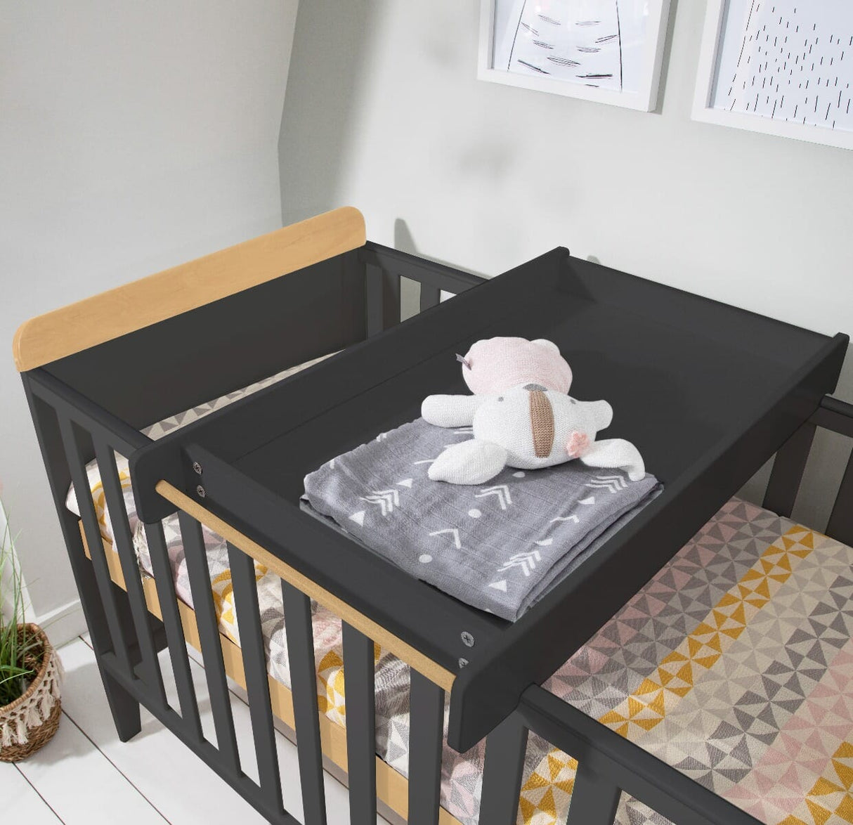 Tutti Bambini Rio Cot Bed with Cot Top Changer & Mattress - Honey Oak & Slate Grey