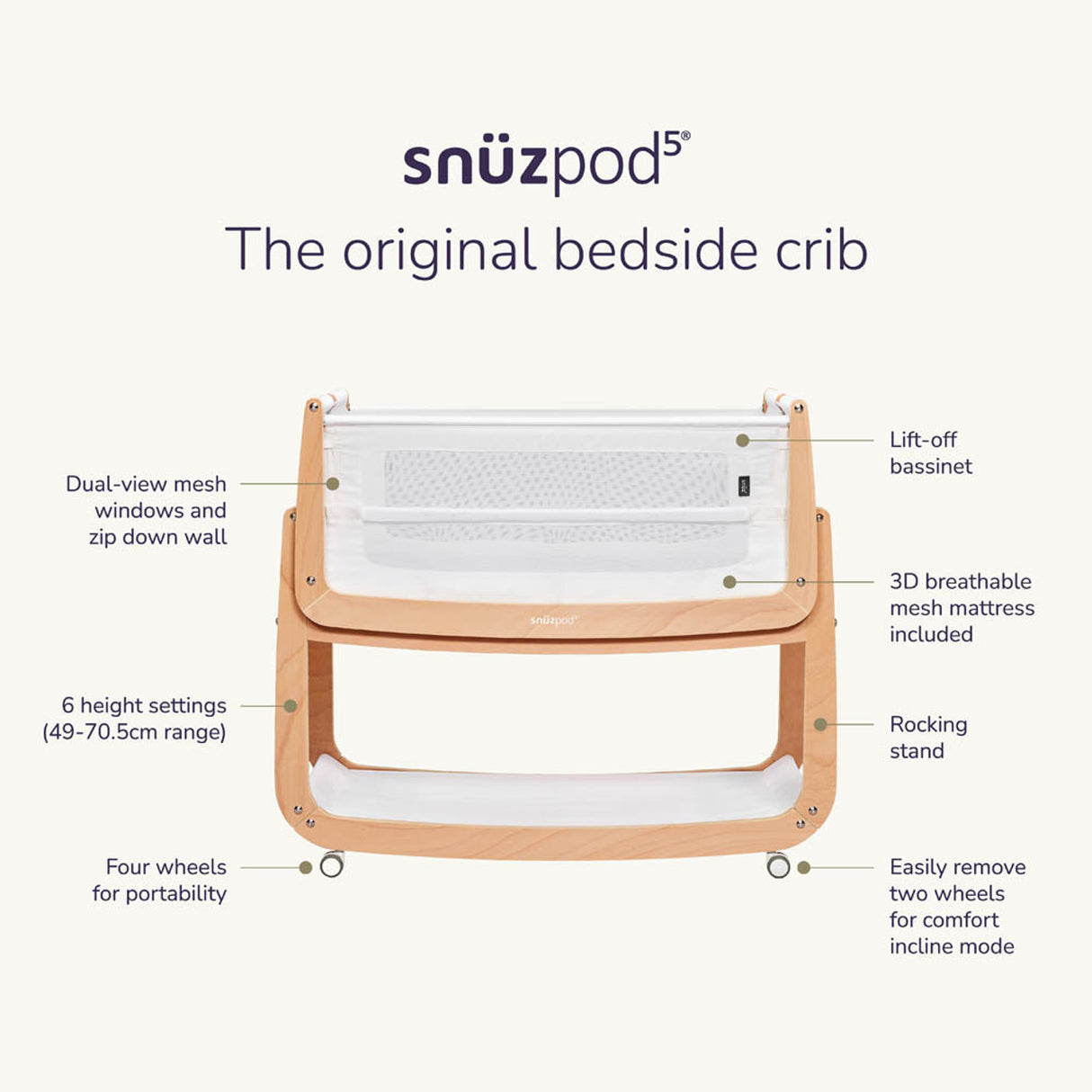Snuzpod 5 Bedside Crib - Cashmere