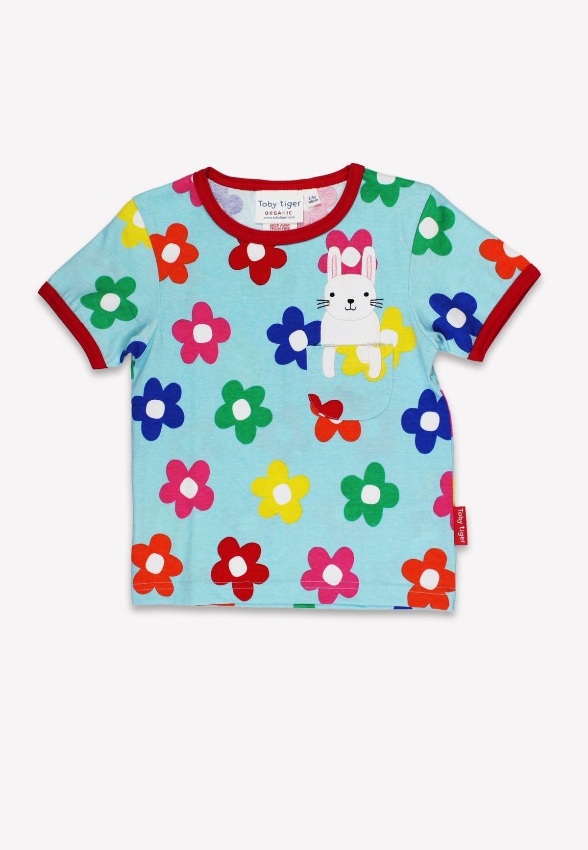Toby Tiger Organic Rainbow Bloom Bunny Pocket Applique Short-Sleeved T-Shirt