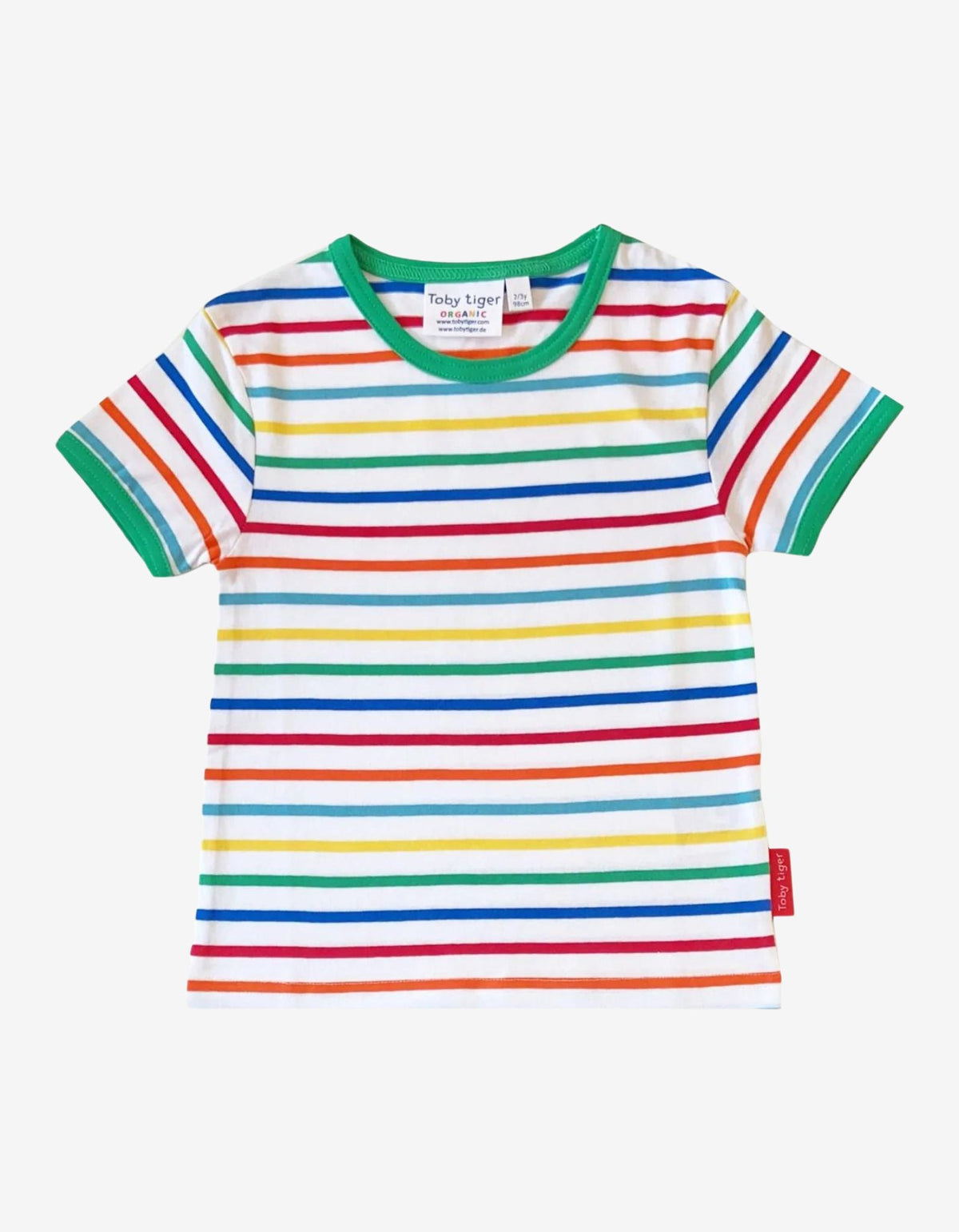Toby Tiger Organic Green Rainbow Stripe Print Short-Sleeved T-Shirt