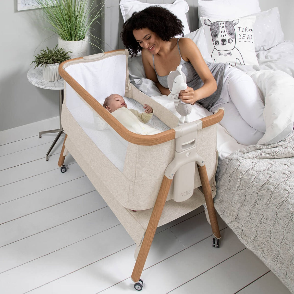 Tutti Bambini CoZee Air Bedside Crib - Scandinavian Walnut and Ecru