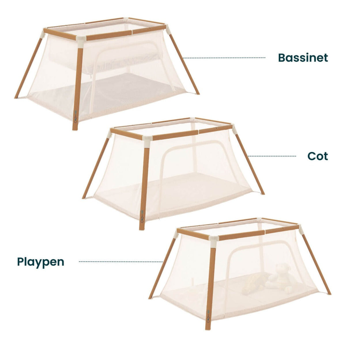 Tutti Bambini CoZee Go 3-in-1 Bassinet, Travel Cot & Playpen - Scandinavian Walnut/Ecru