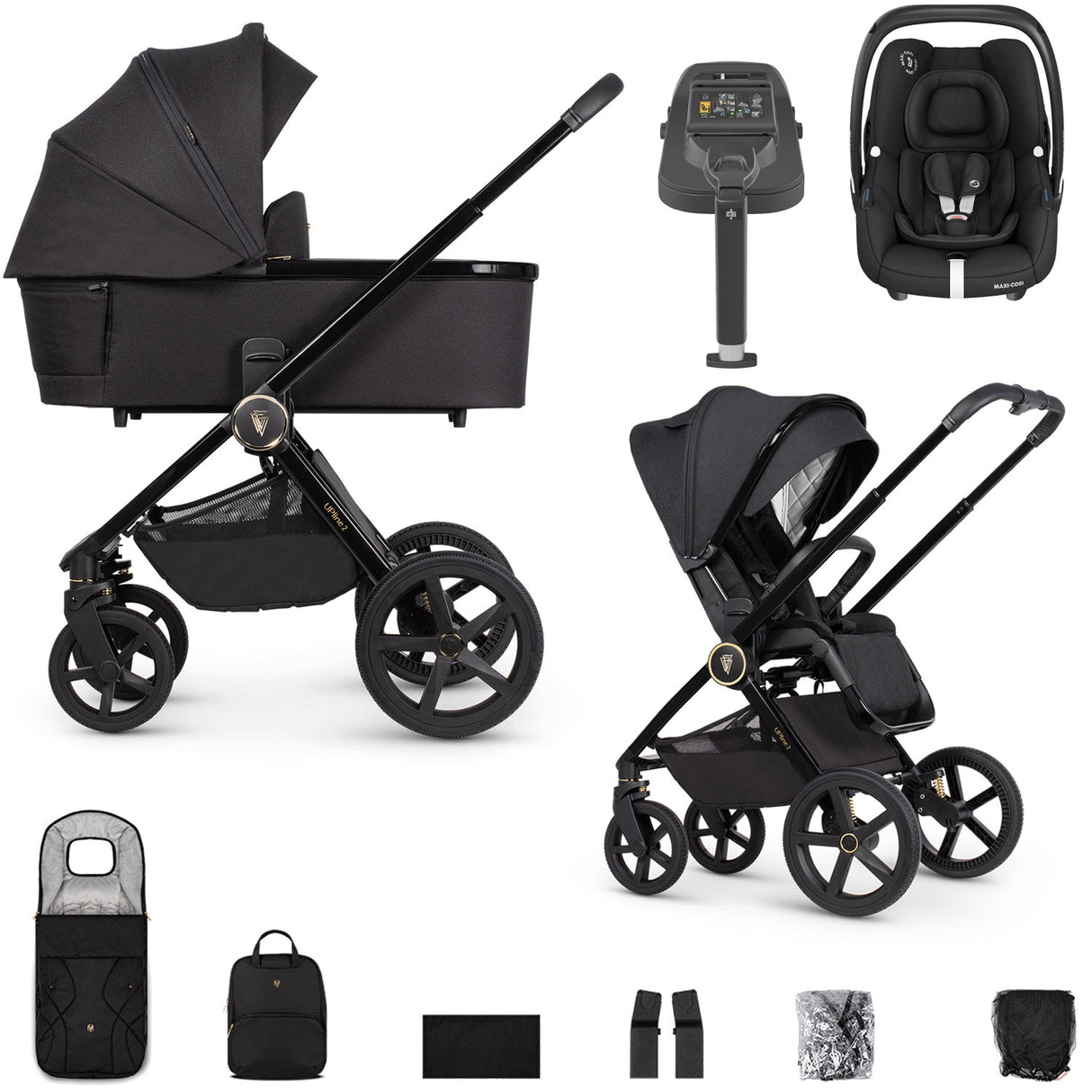 Venicci Upline 2 with Maxi-Cosi Cabriofix i-Size & Base Travel System Bundle - All Black